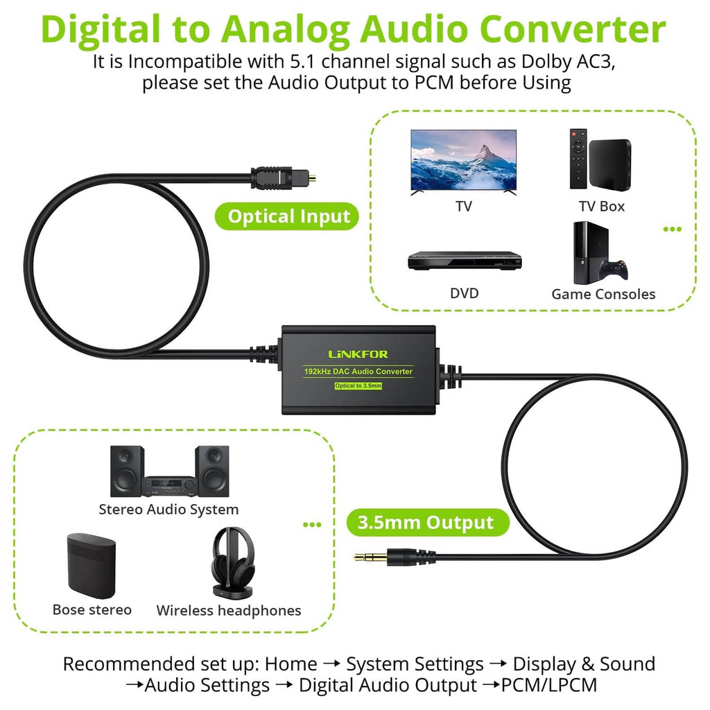 Digital-to-analog audio converter with optical input and 3.5mm audio output leads