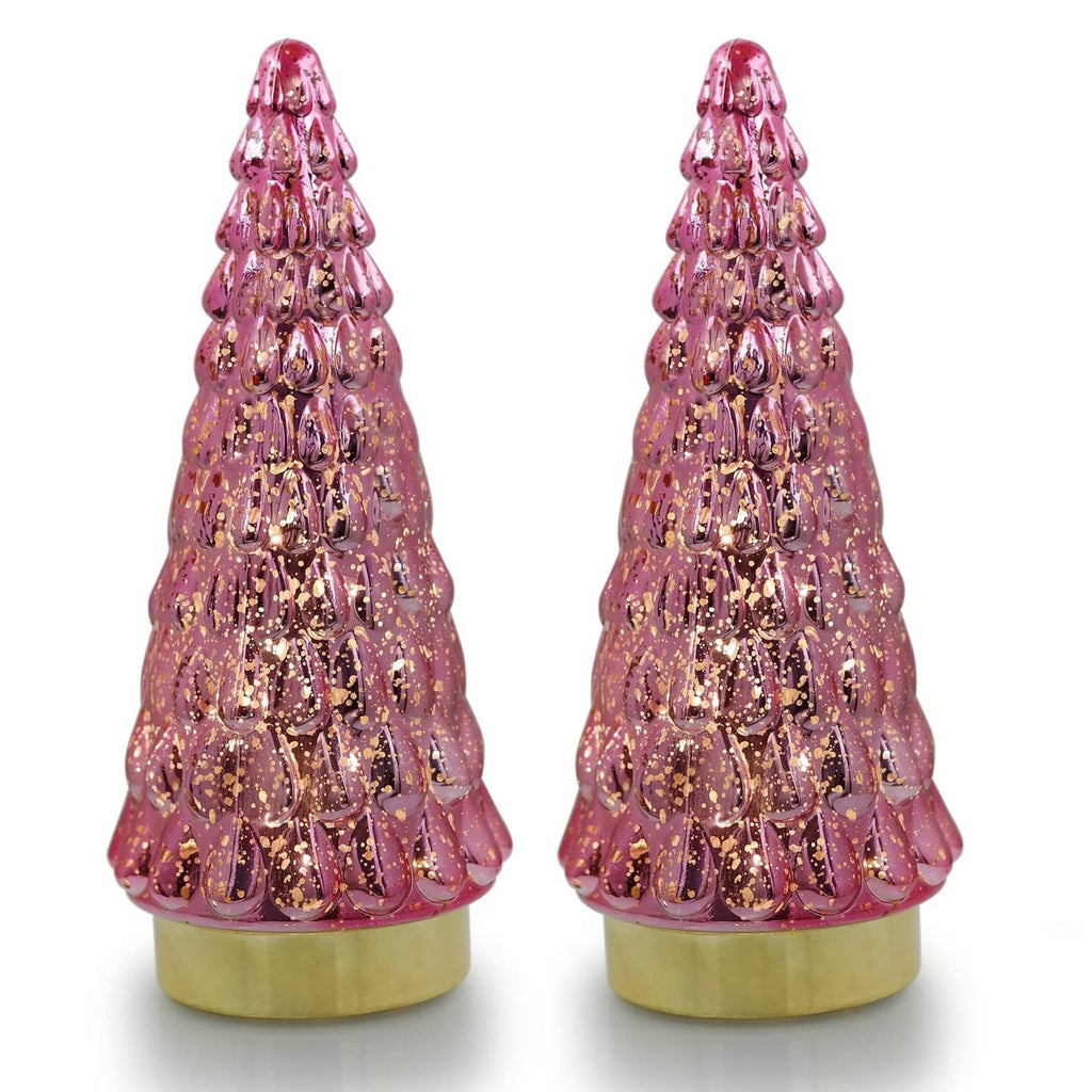 Pair of pink glitter tabletop Christmas trees with gold bases, cone ornament design