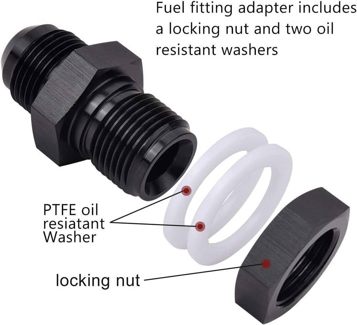 Black AN fitting adapter with PTFE oil-resistant washers and locking nut