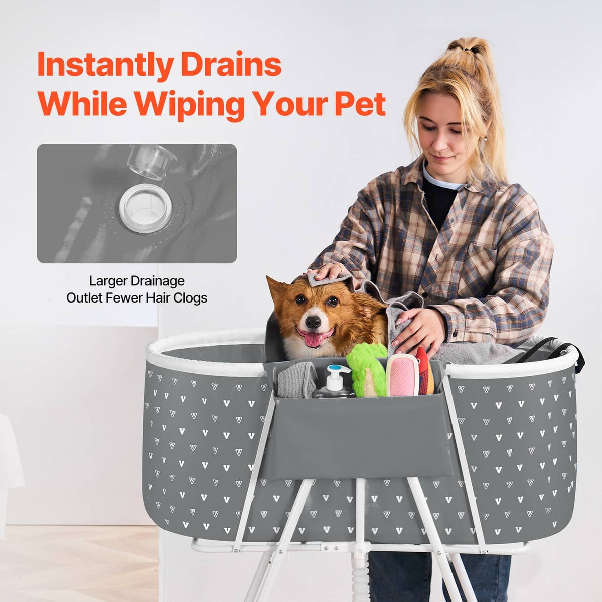 Gray foldable dog bath tub with drain pipe and elevated frame