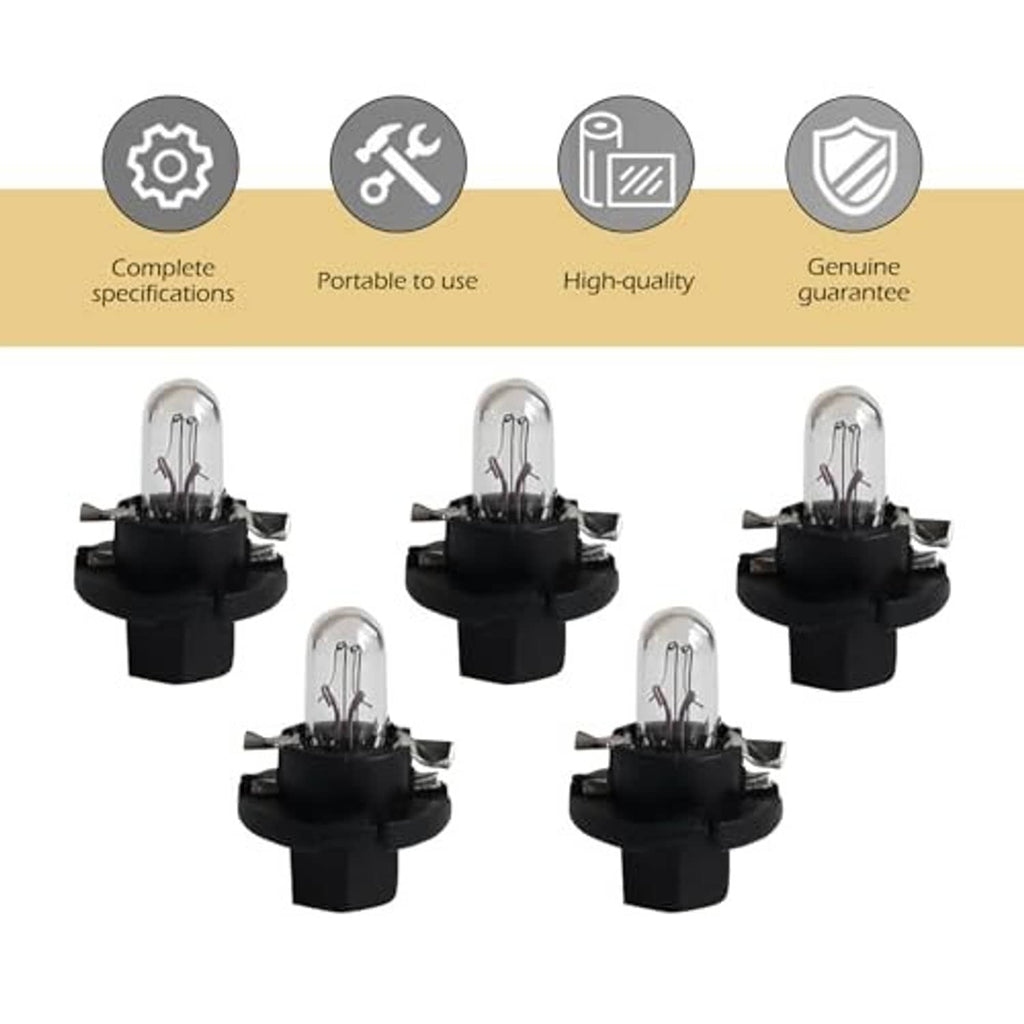 Five T5 car dashboard light bulbs with clear glass bulbs and black plastic mounting base