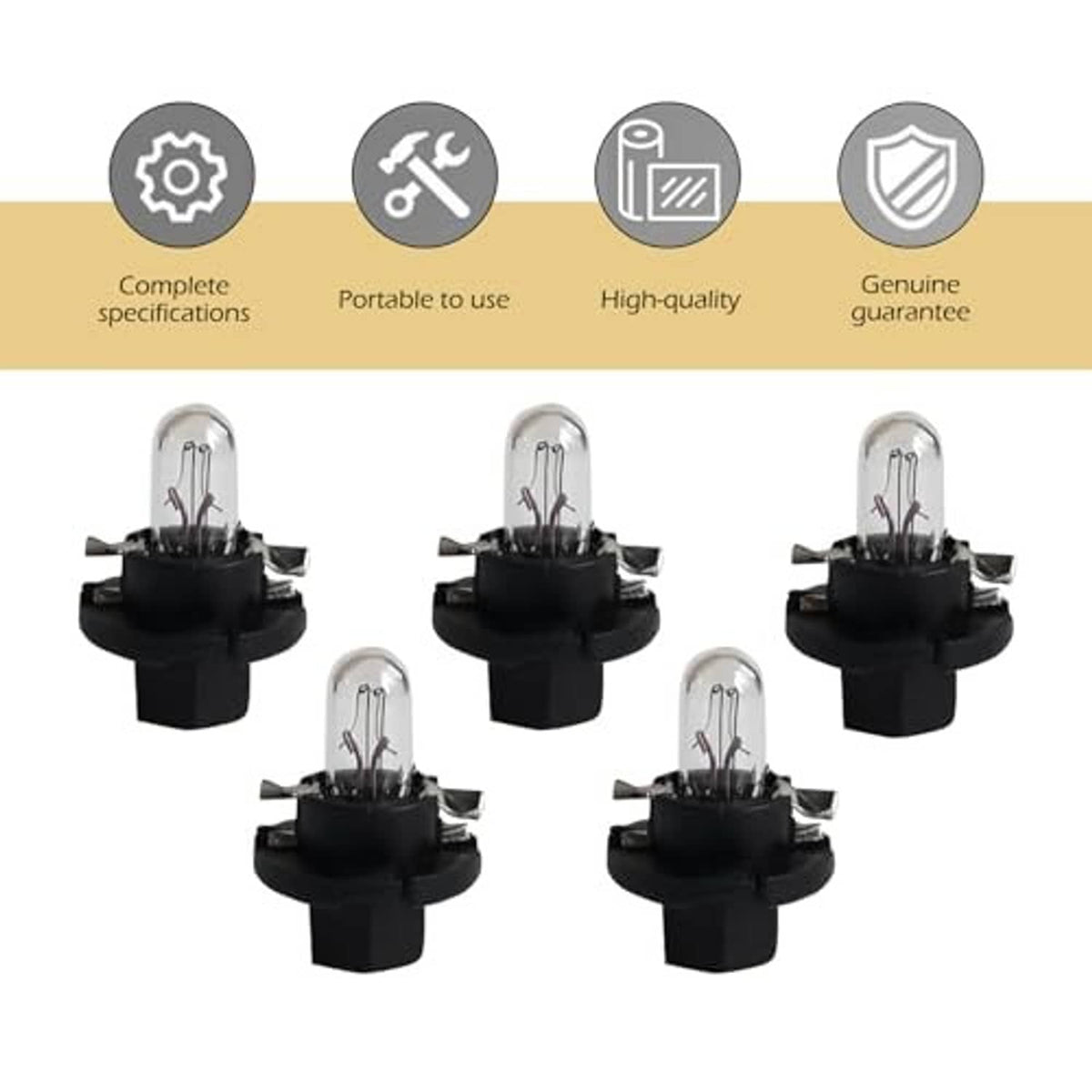 Five T5 car dashboard light bulbs with clear glass bulbs and black plastic mounting base