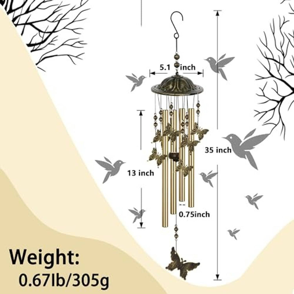 Bronze butterfly wind chime with domed top and hanging rods, shown with size guide