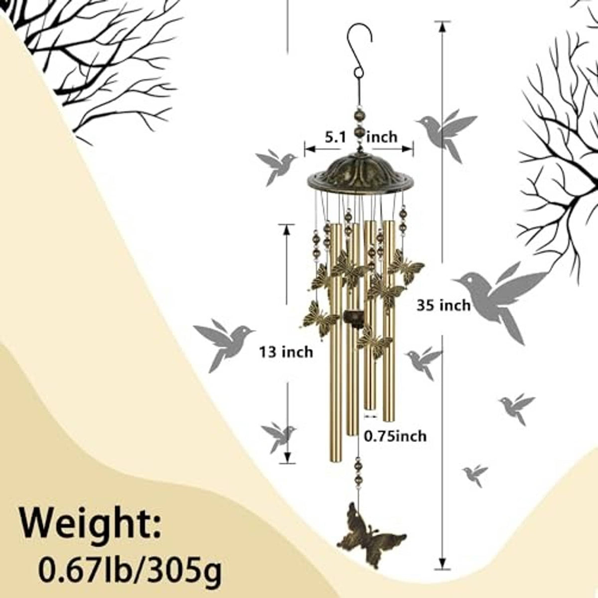 Bronze butterfly wind chime with domed top and hanging rods, shown with size guide
