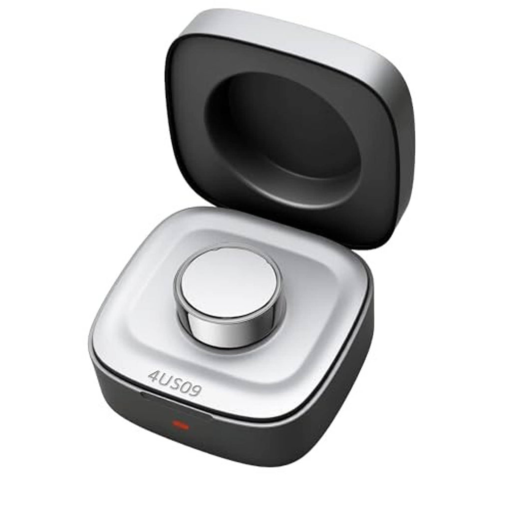 Smart ring charger case with lid open, round charging contact seated in white cradle.