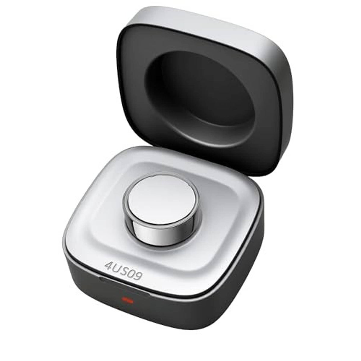 Smart ring charger case with lid open, round charging contact seated in white cradle.