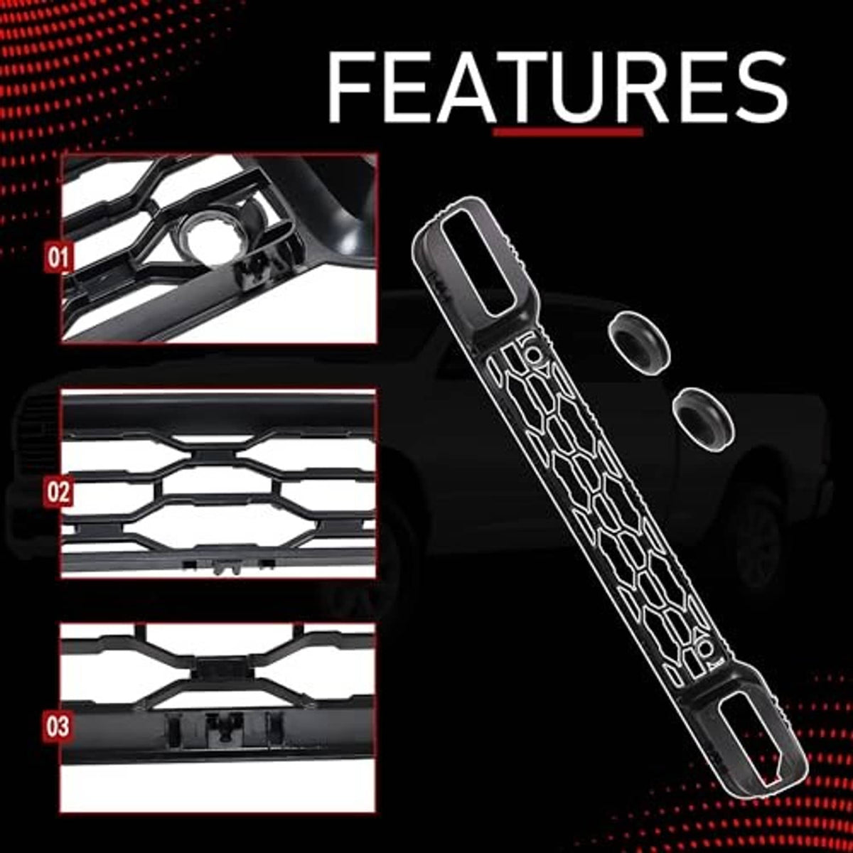 Black honeycomb lower grille detail with mounting insert and two round caps