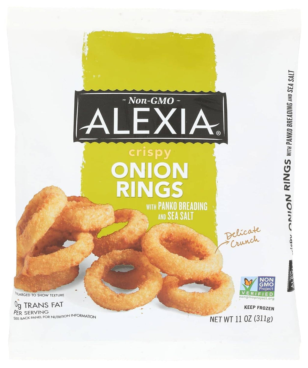 Front of crispy onion rings pouch with Non-GMO badge and sliced-ring photo