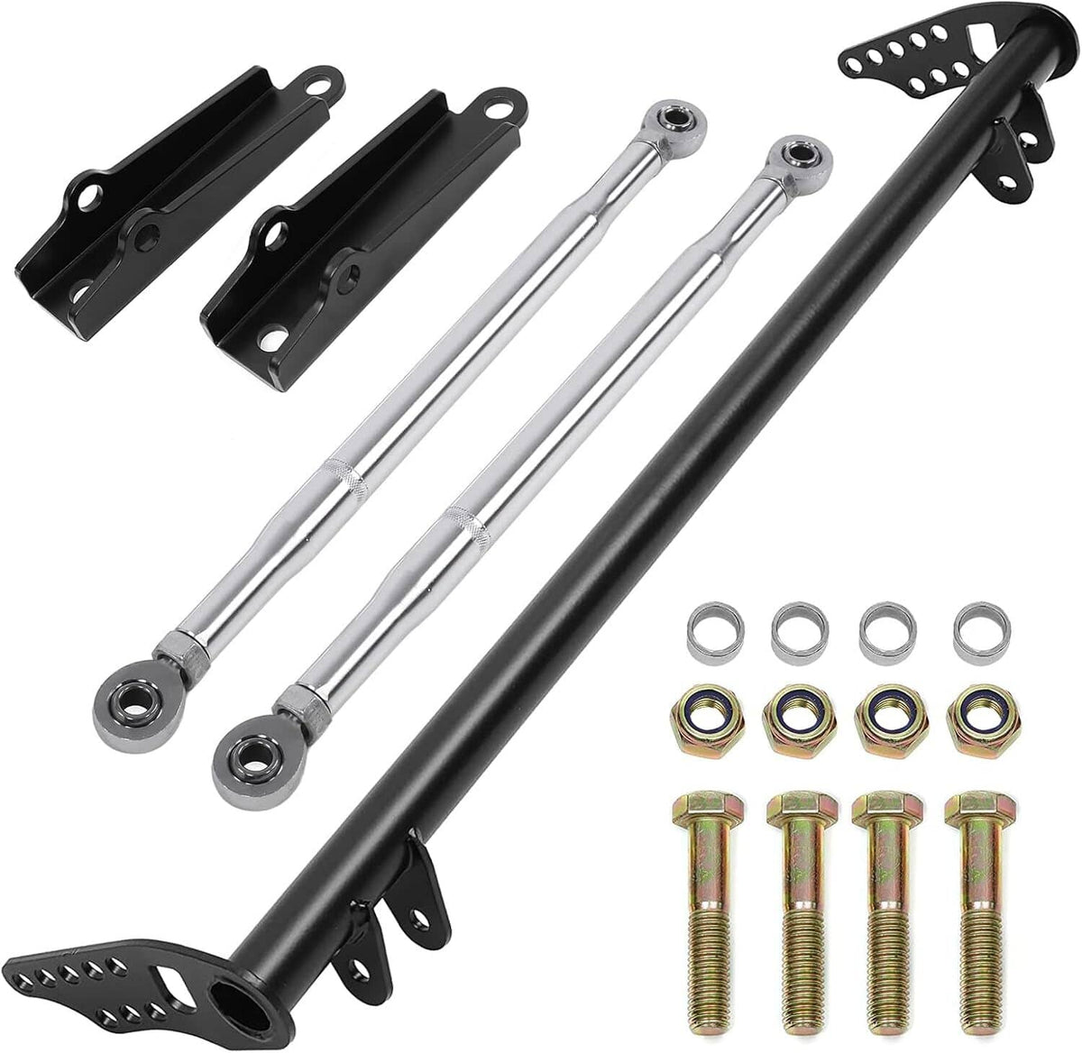 Front traction control tie bar kit set: black brackets, silver rods, and mounting bolts