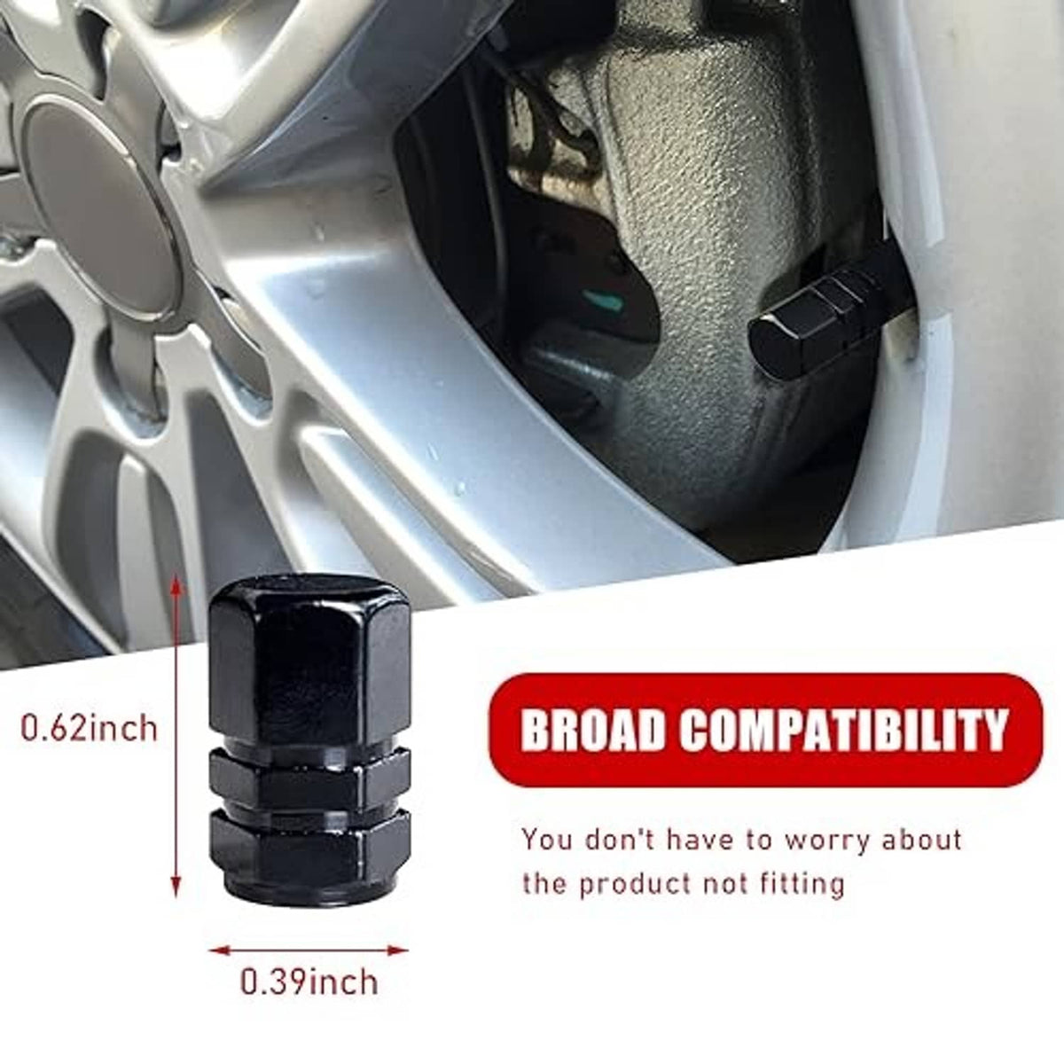 Black hex-style valve stem cap with rubber-seal tip installed on wheel