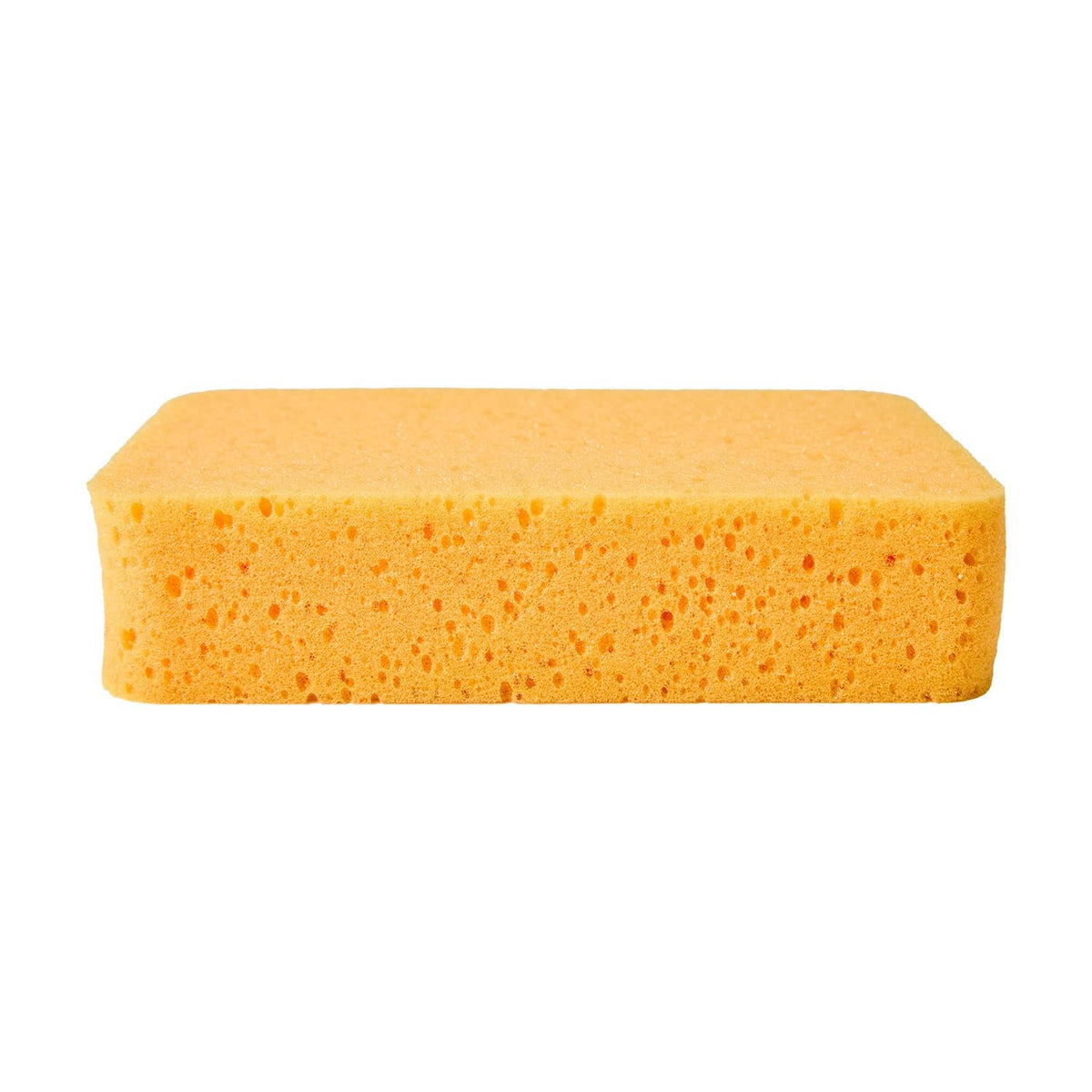 Orange-yellow foam grout cleaning sponge, rectangular block front view