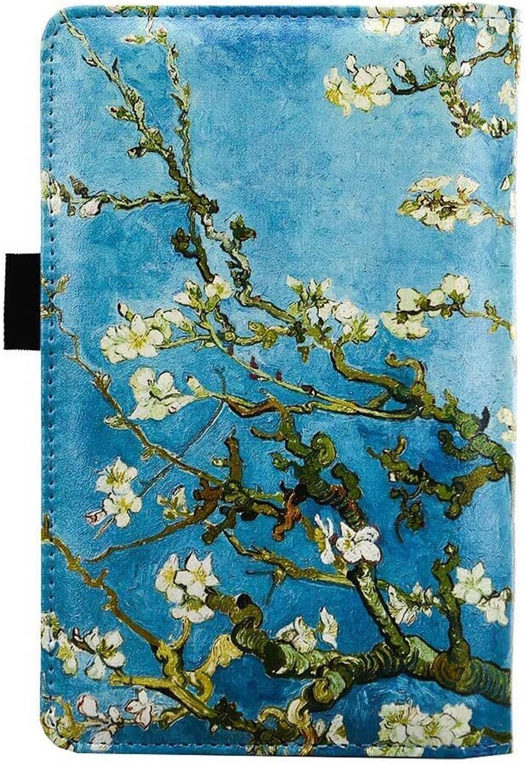 Floral server book cover back view, blue with blossom branch pattern