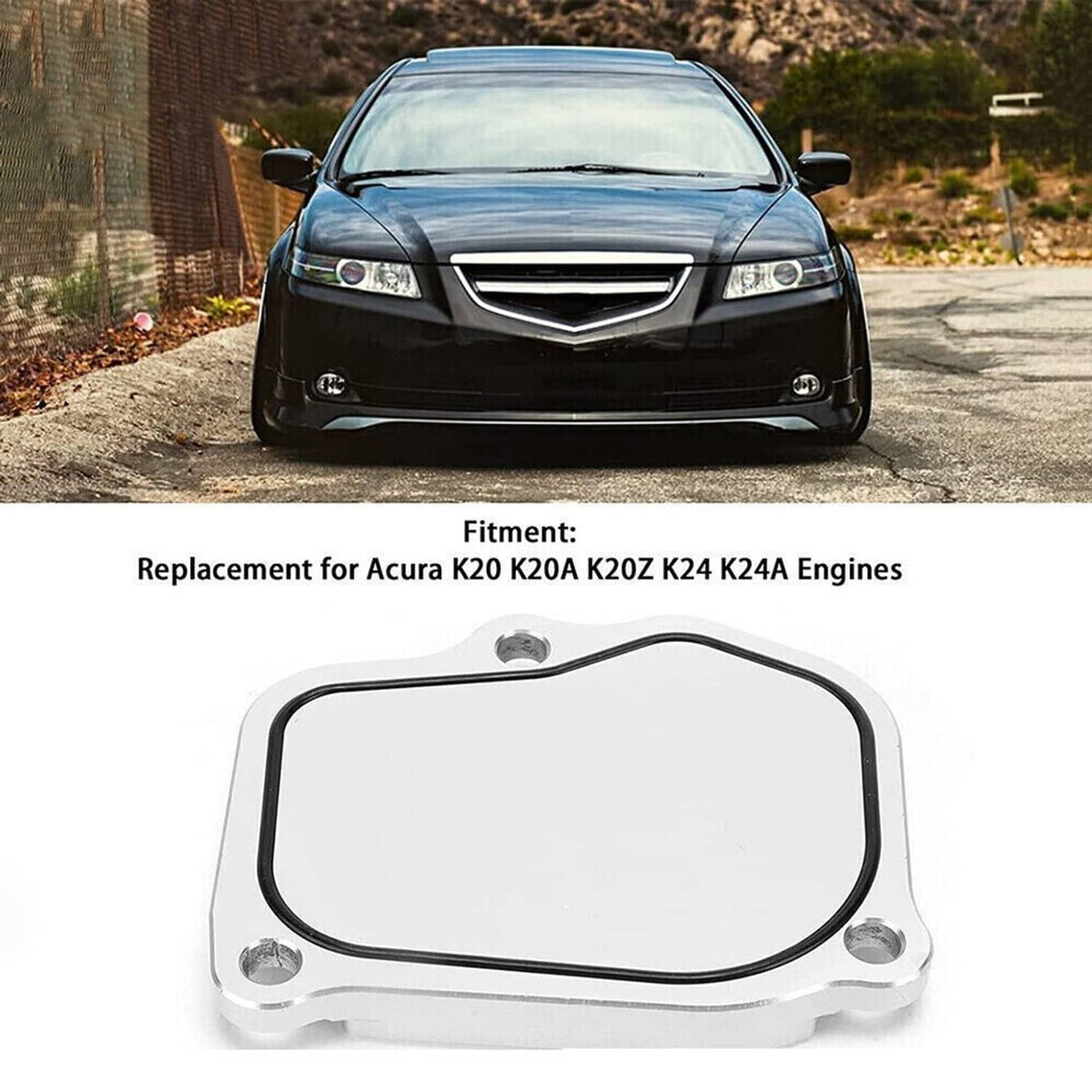 Billet timing cover plate with black gasket seal and mounting hardware, silver