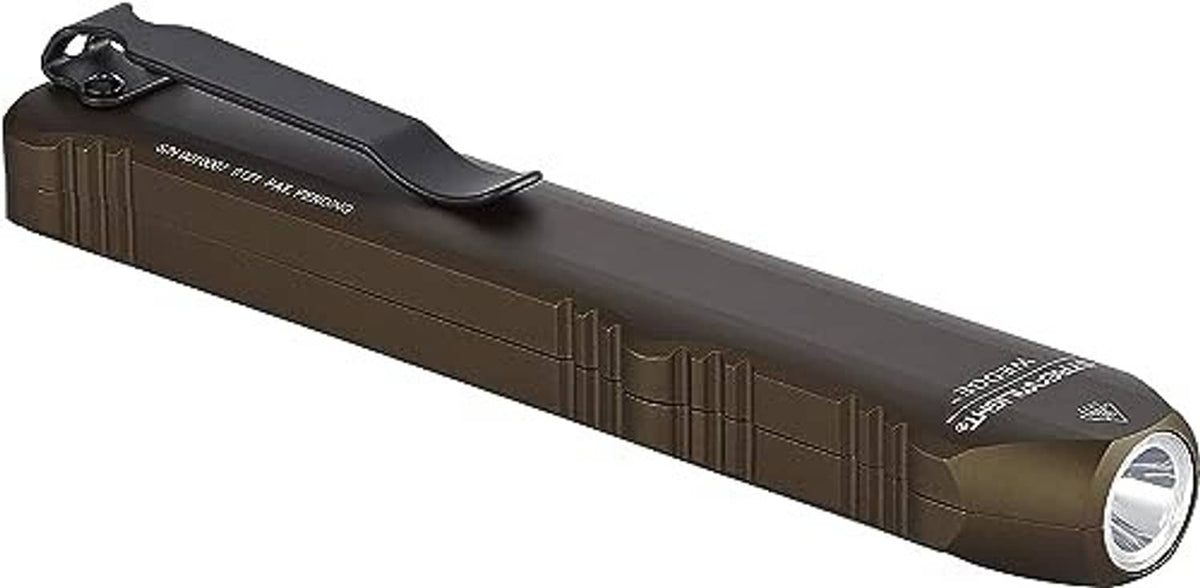 Coyote Streamlight Wedge EDC flashlight with pocket-clip, ridged grip, and front lens