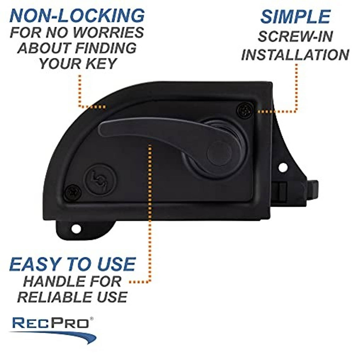 Black screen door latch featuring round access screw and curved handle