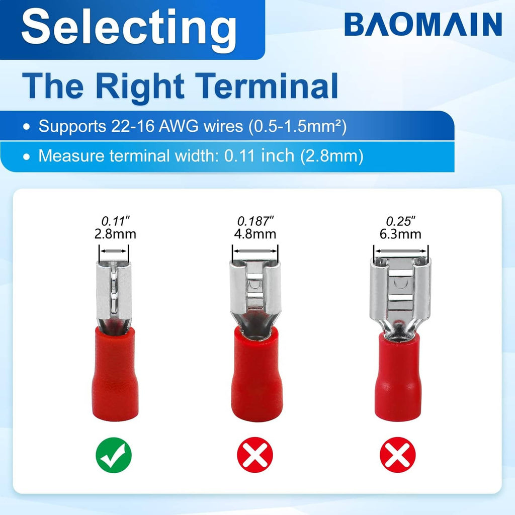 Female spade crimp terminal selection diagram showing red-sleeved terminals