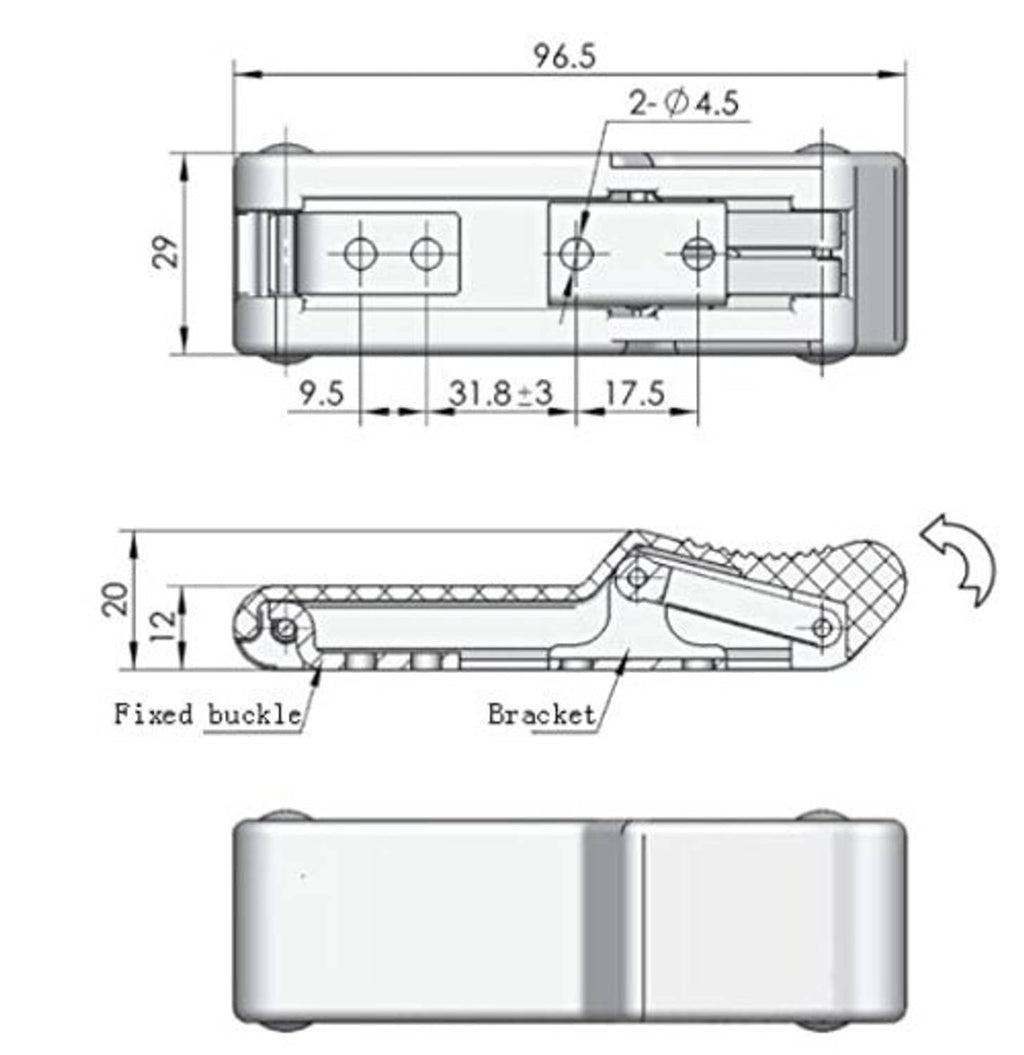 Front storage latch bracket dimension diagram with measurements and bracket cross-section