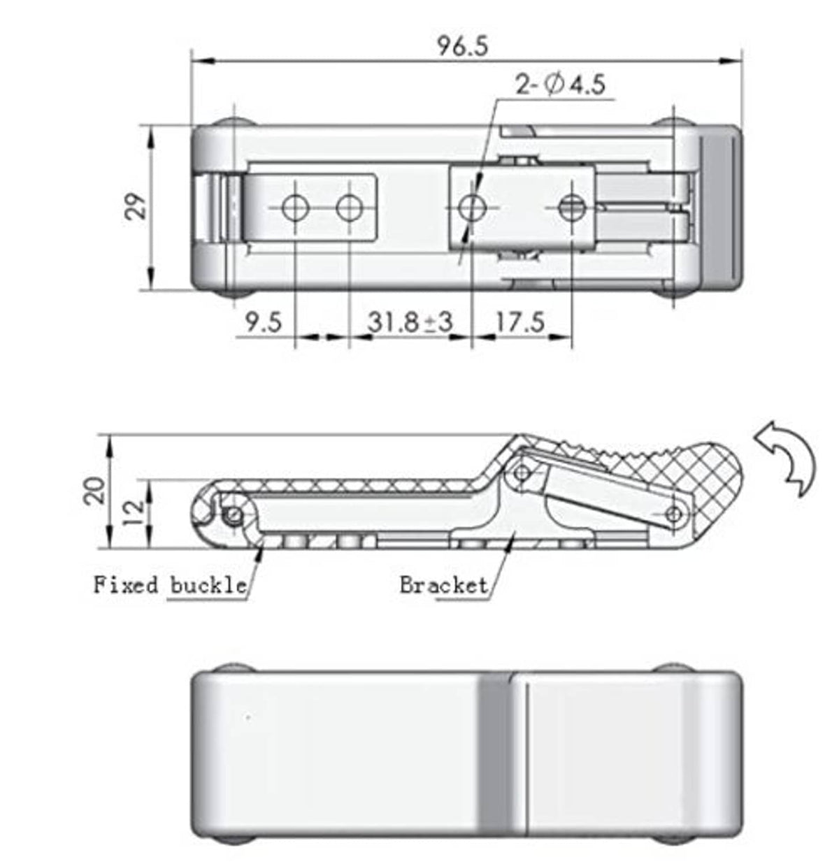Front storage latch bracket dimension diagram with measurements and bracket cross-section