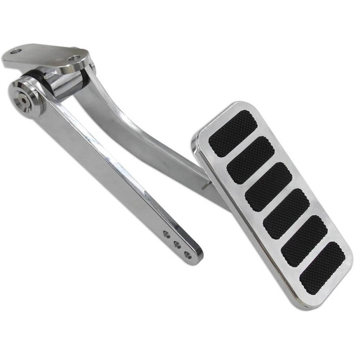 Polished aluminum throttle pedal assembly with black rubber grip pads and pivot hardware