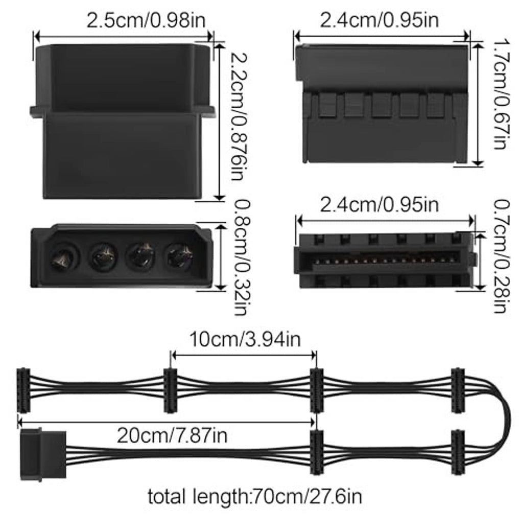 70cm black power splitter cable with 4-pin male and SATA 15-pin female connectors