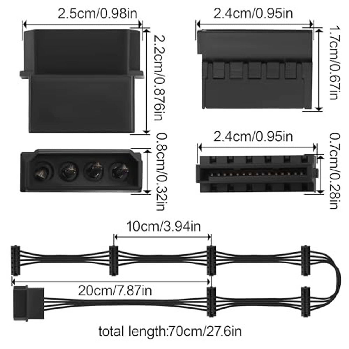 70cm black power splitter cable with 4-pin male and SATA 15-pin female connectors