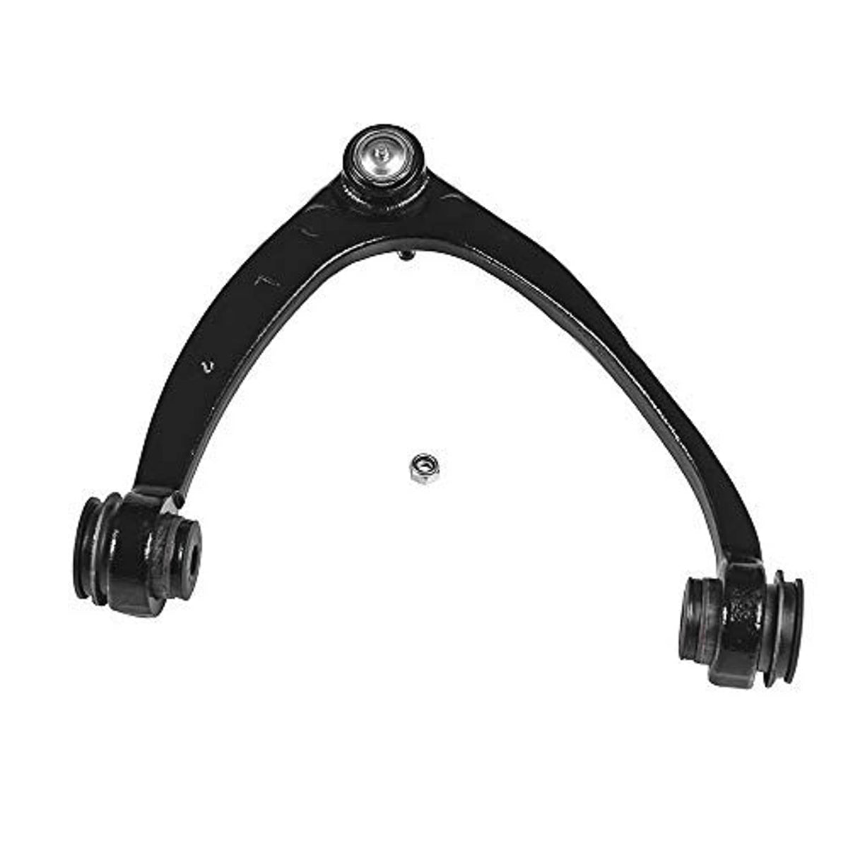 Front upper control arm, black curved frame with two bushing ends and ball joint cap