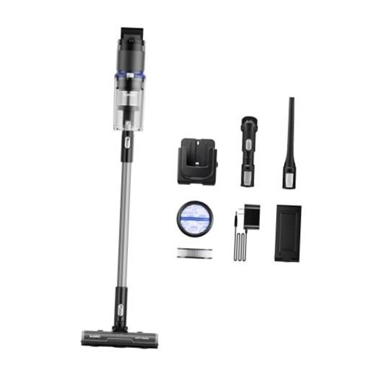 Black cordless stick vacuum kit with detachable tools and floor brush head