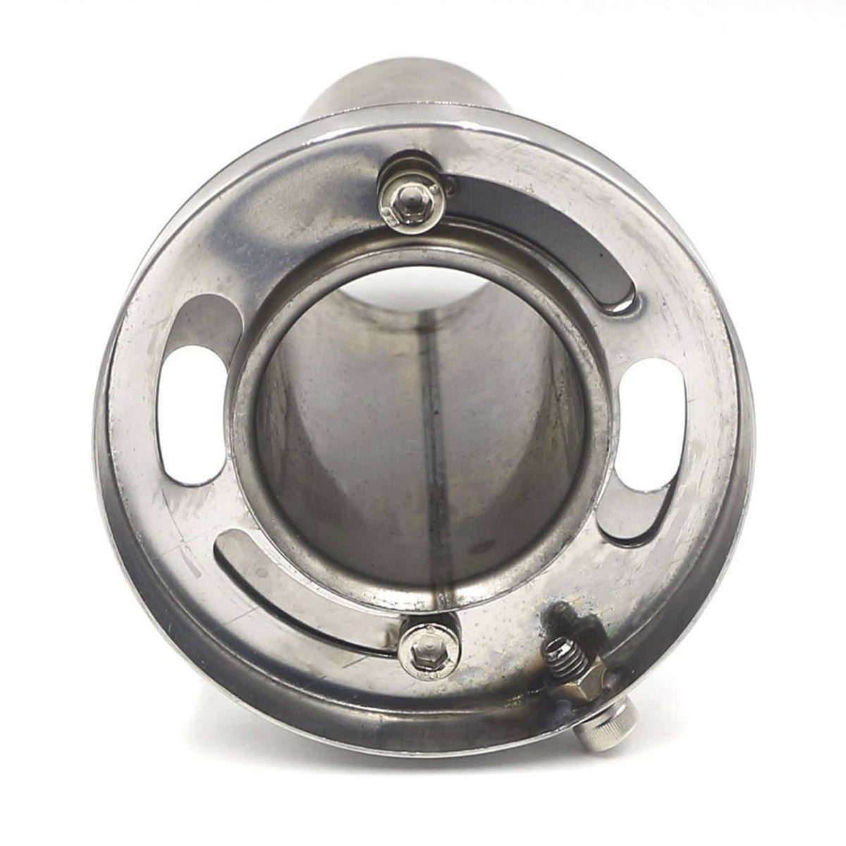 Stainless steel mounting flange with screw holes for exhaust silencer insert