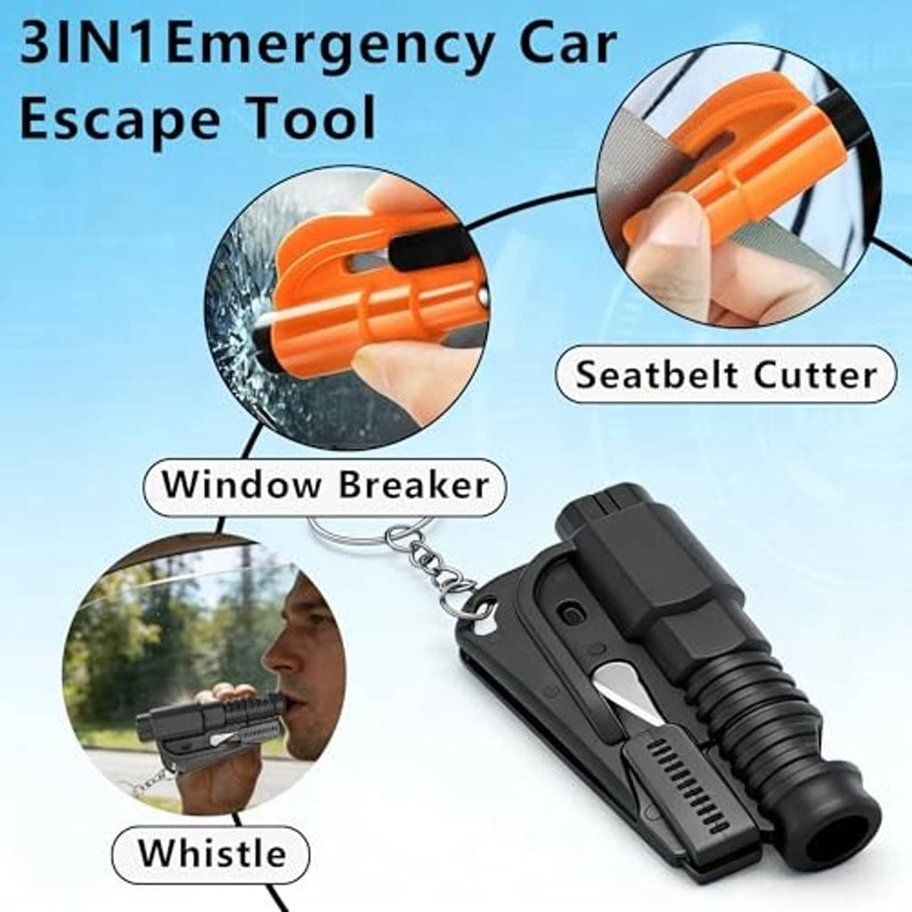 3-in-1 emergency car escape tool with black body and orange window breaker tip