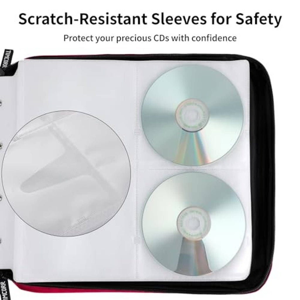 Red CD storage case open with two CDs in protective sleeves, black-trim edges