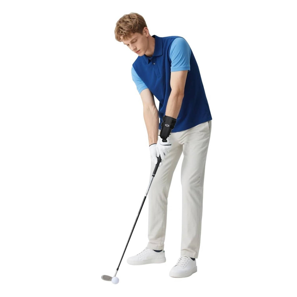 Black wrist brace worn on golfer's lead wrist with side straps