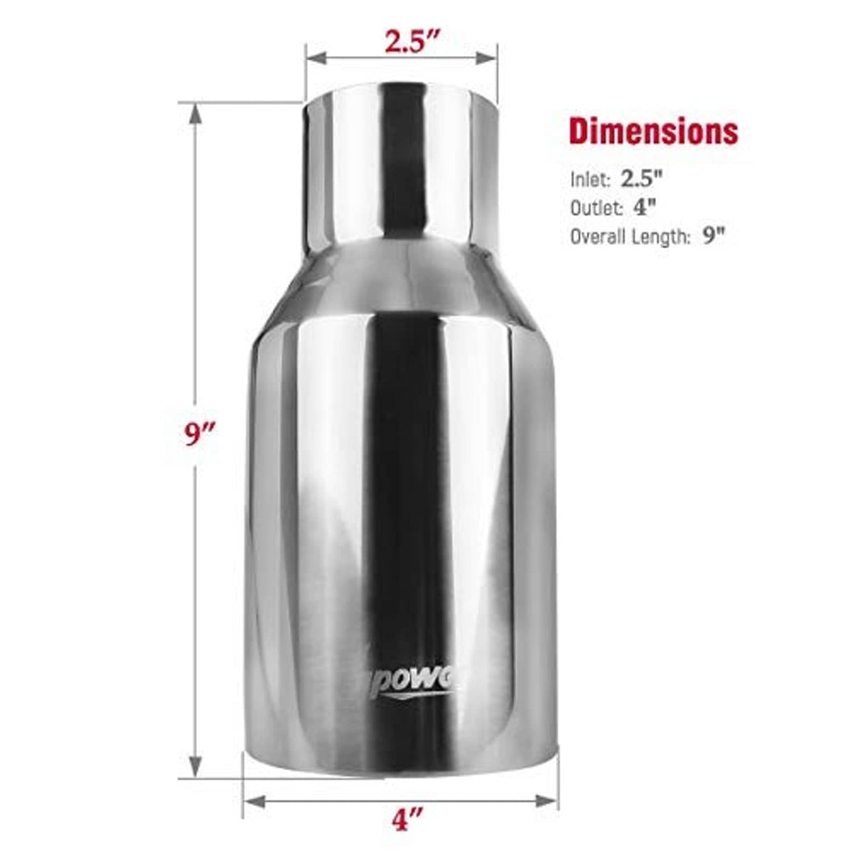 Stainless exhaust tip dimensions diagram with inlet size, outlet size, and overall length