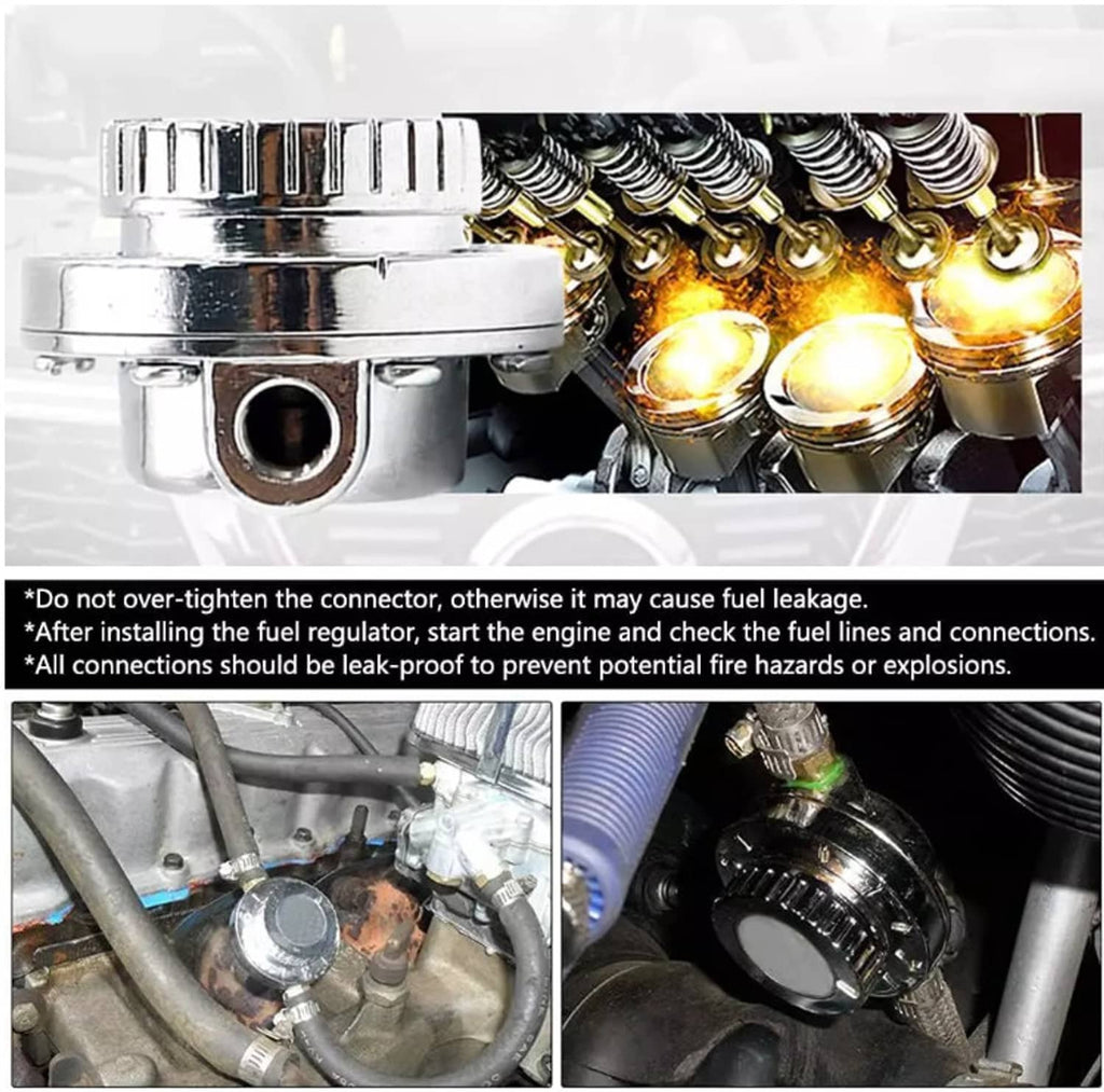 Fuel pressure regulator installed with connected lines, metal fittings, and hose hardware
