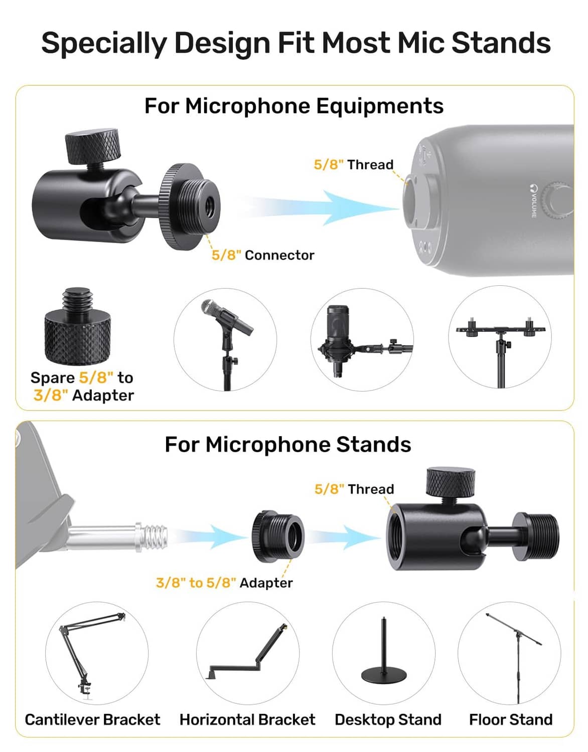 Black microphone stand adapter with 5/8" thread and 3/8" to 5/8" connector