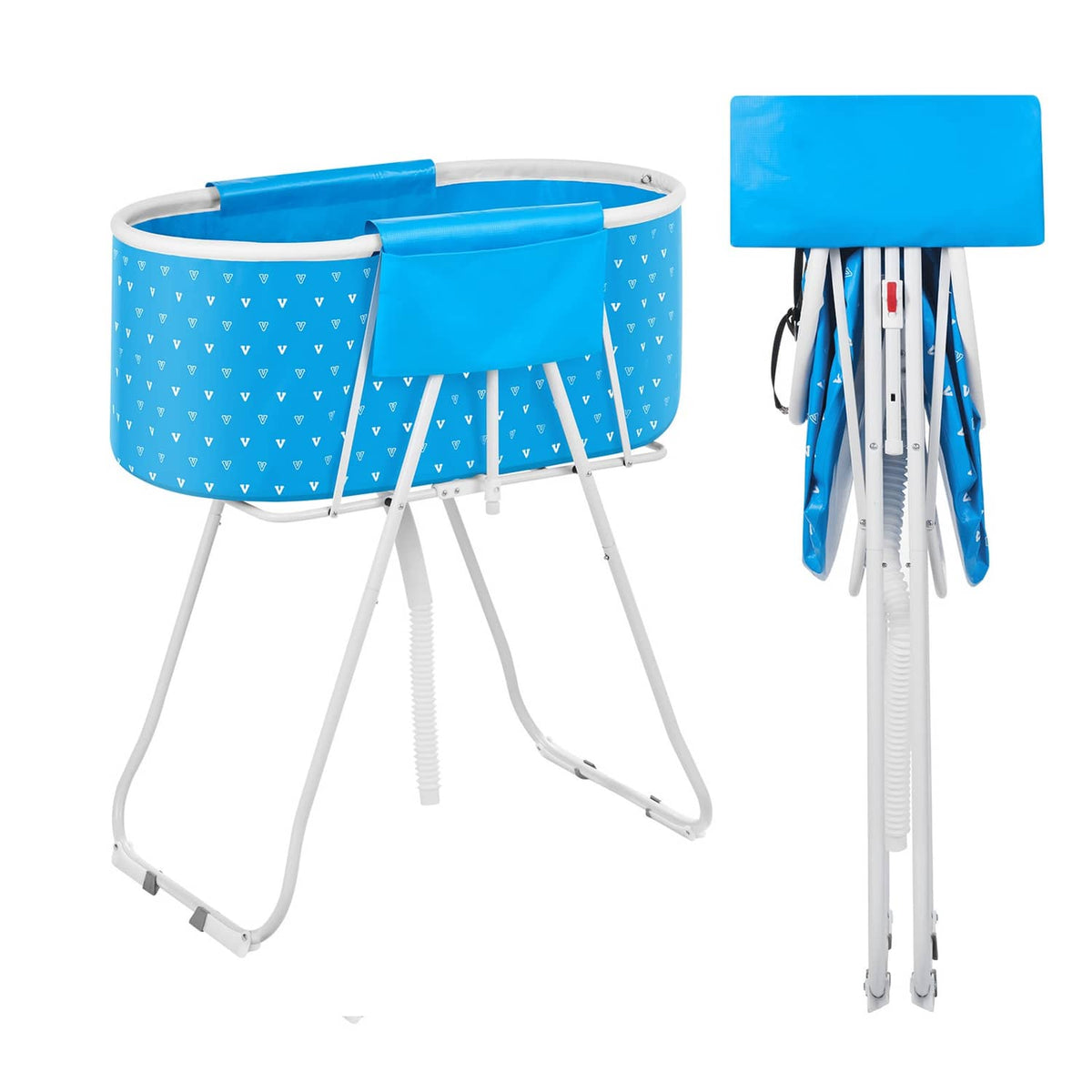 Foldable elevated dog bathtub with blue fabric tub and white tripod legs