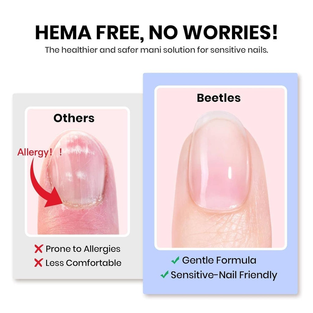 HEMA-free builder gel formula shown on nails for gentle, sensitive-nail use