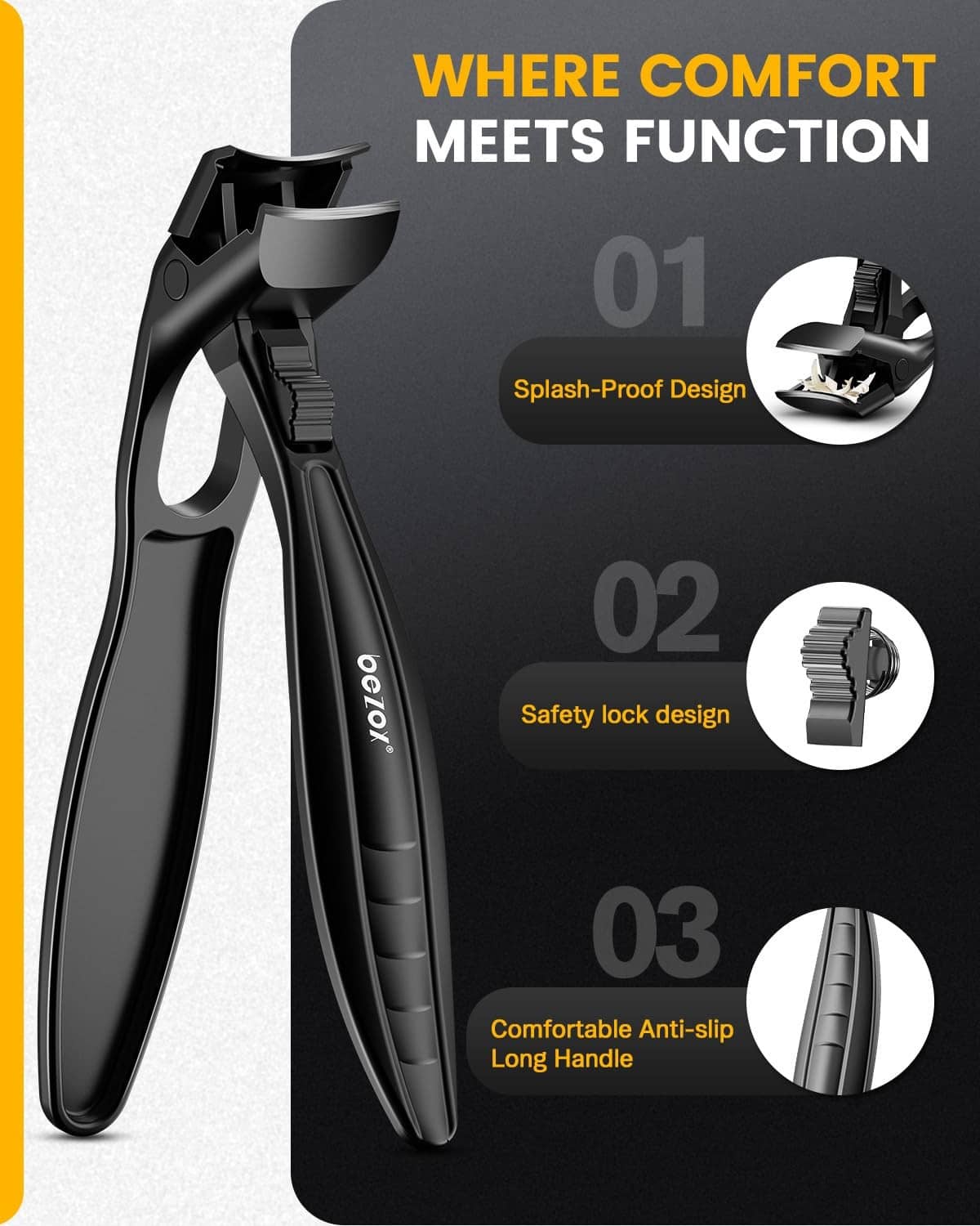 Black BEZOX toe nail clippers with anti-slip long handle and safety lock