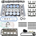 Engine timing camshaft and lifter kit with gaskets, bolts, and seals in an illustrated layout