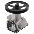 Vacuum pump assembly with black pulley and gray housing, side view with mounting plate