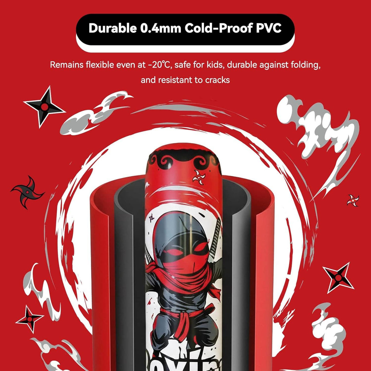 Inflatable punching bag with red ninja graphic and black-red base, close-up view
