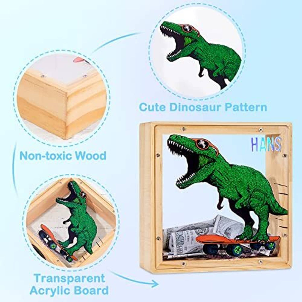 Wooden piggy bank with cute dinosaur pattern and clear acrylic display window