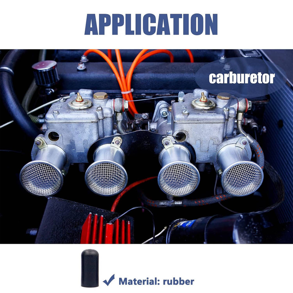 Black rubber vacuum cap tips with hose connectors on a carburetor engine
