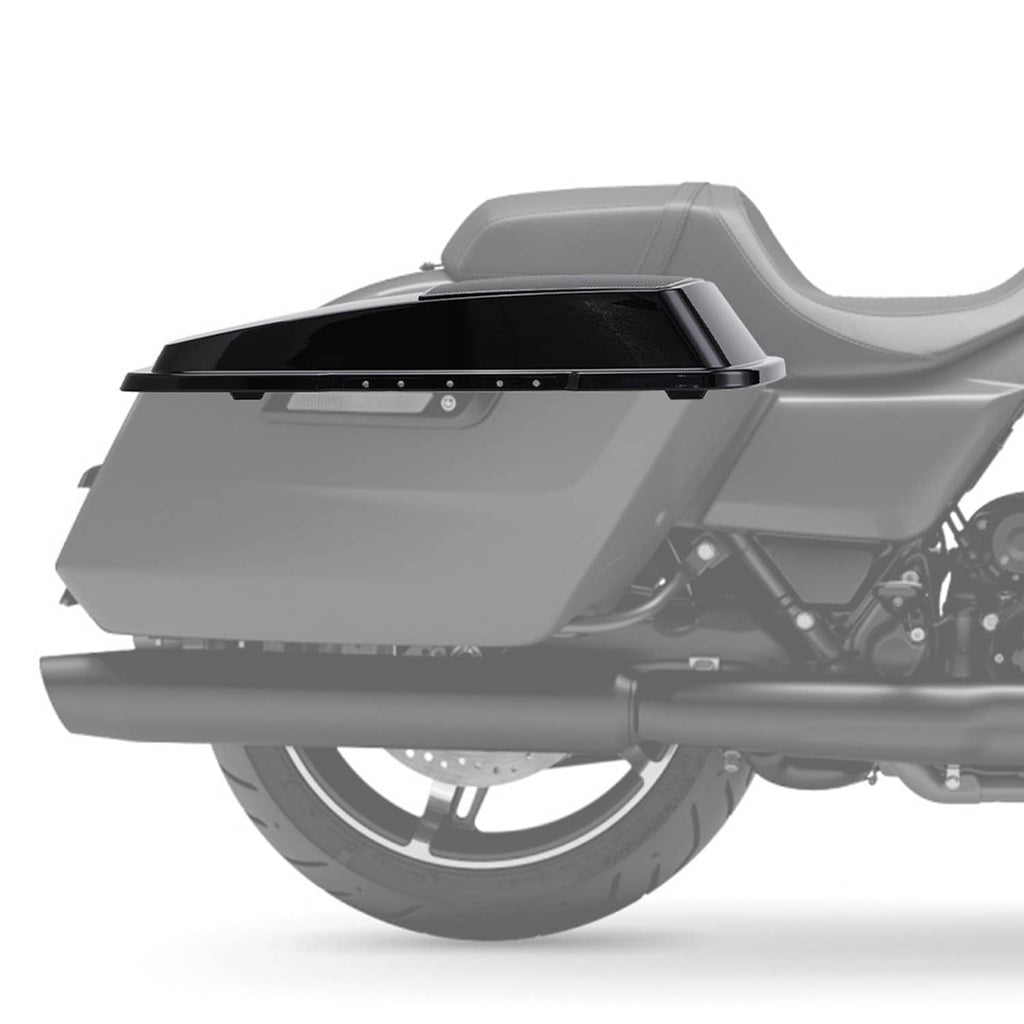 Black speaker lid cover installed on a motorcycle saddlebag housing, ABS plastic