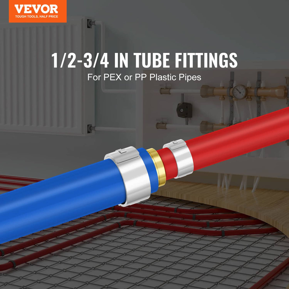 Brass clamp-style tube fitting with internal threads, used on plastic pipe