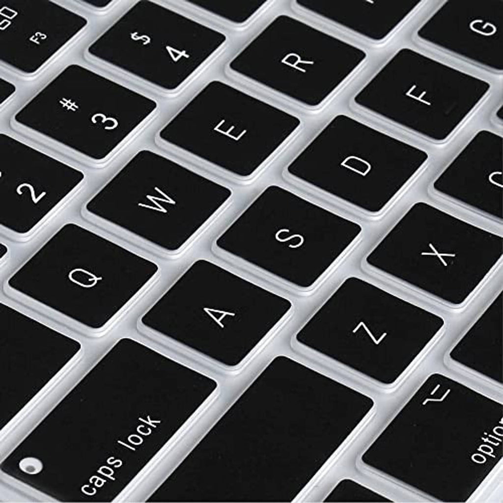 Silicone keyboard cover close-up showing black keys and white printed icons