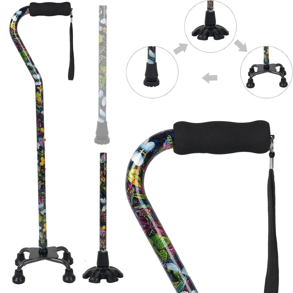 Floral quad walking cane showing base, handle, and four rubber tips