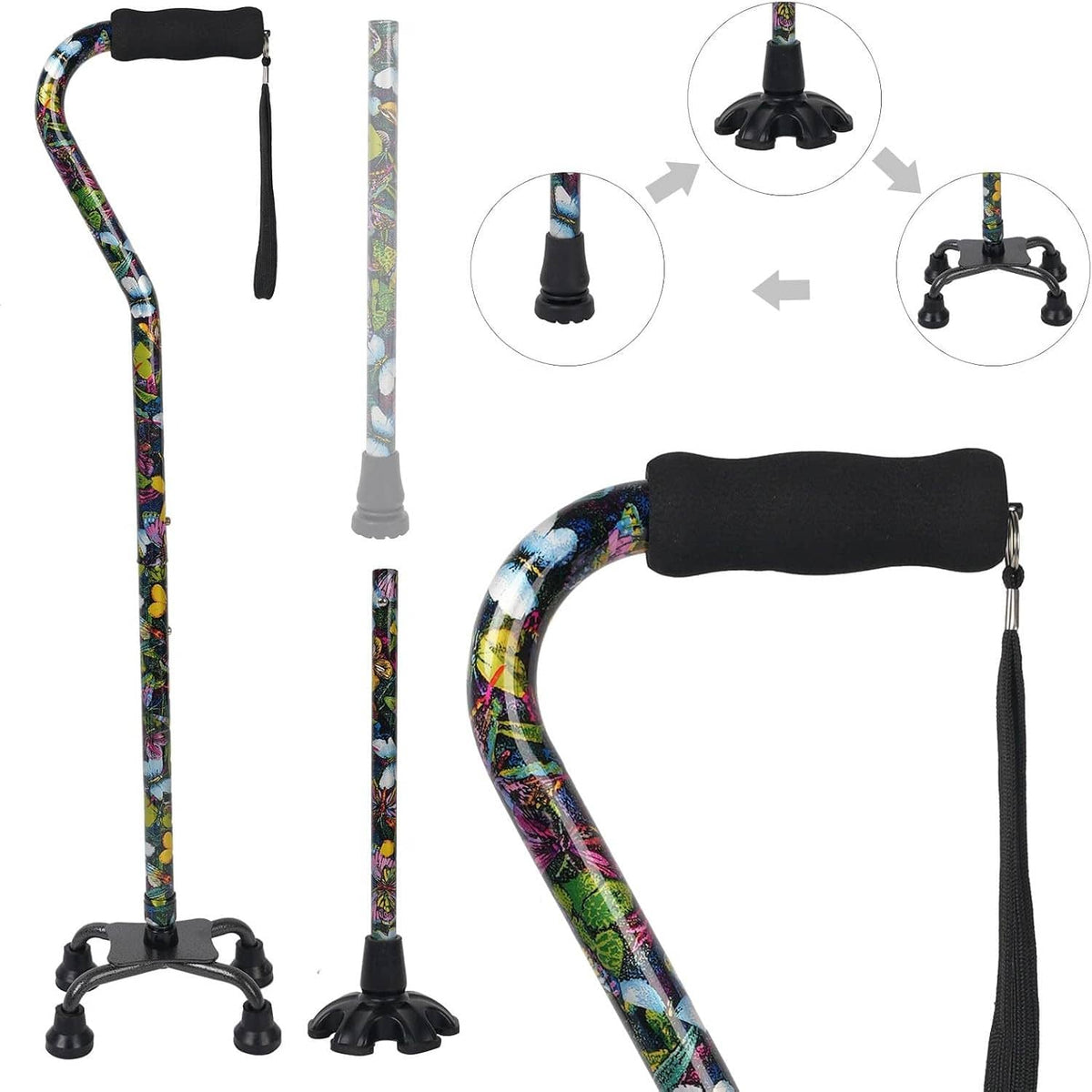 Floral quad walking cane showing base, handle, and four rubber tips