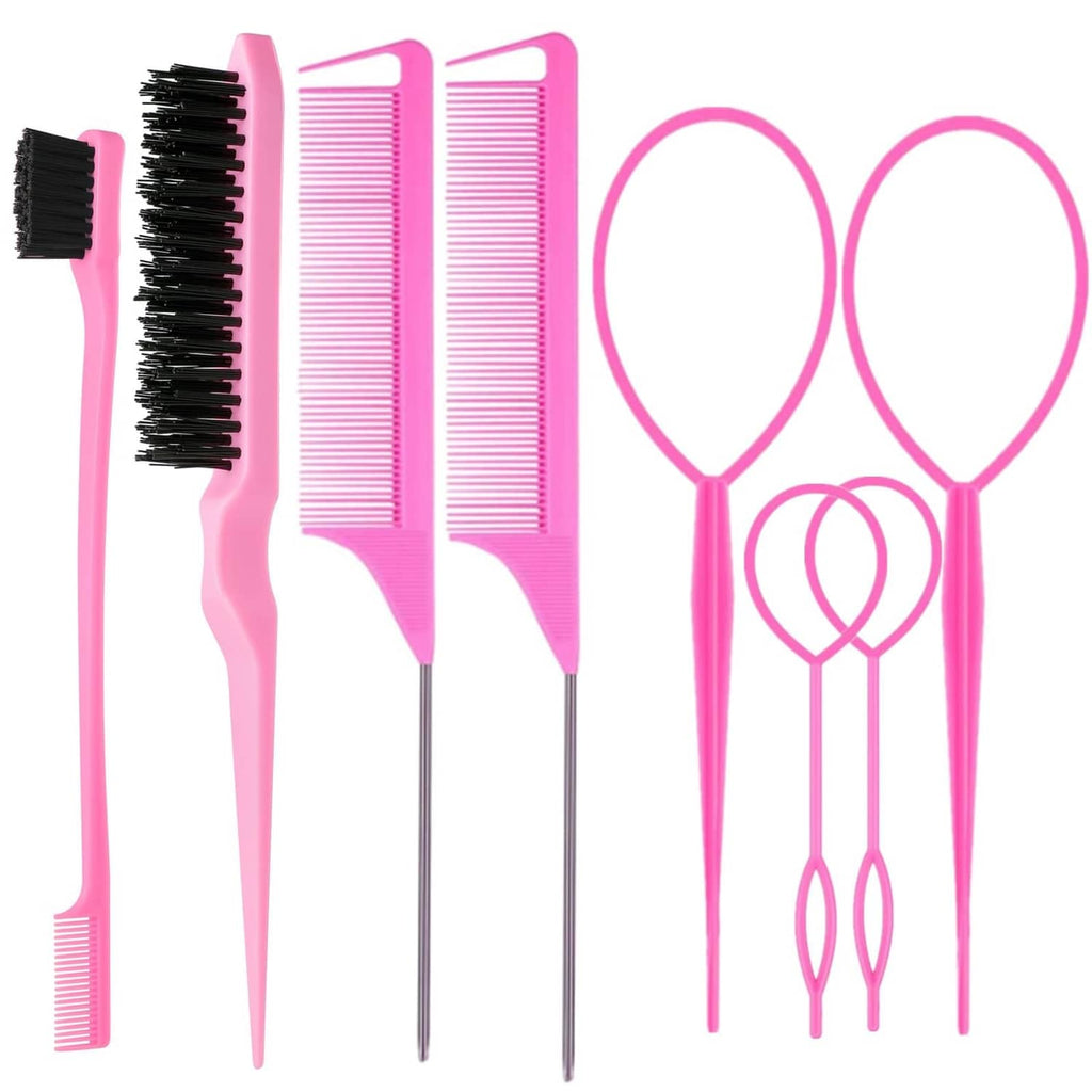 Pink hair brush and comb set with black bristles and two topsy tail tools