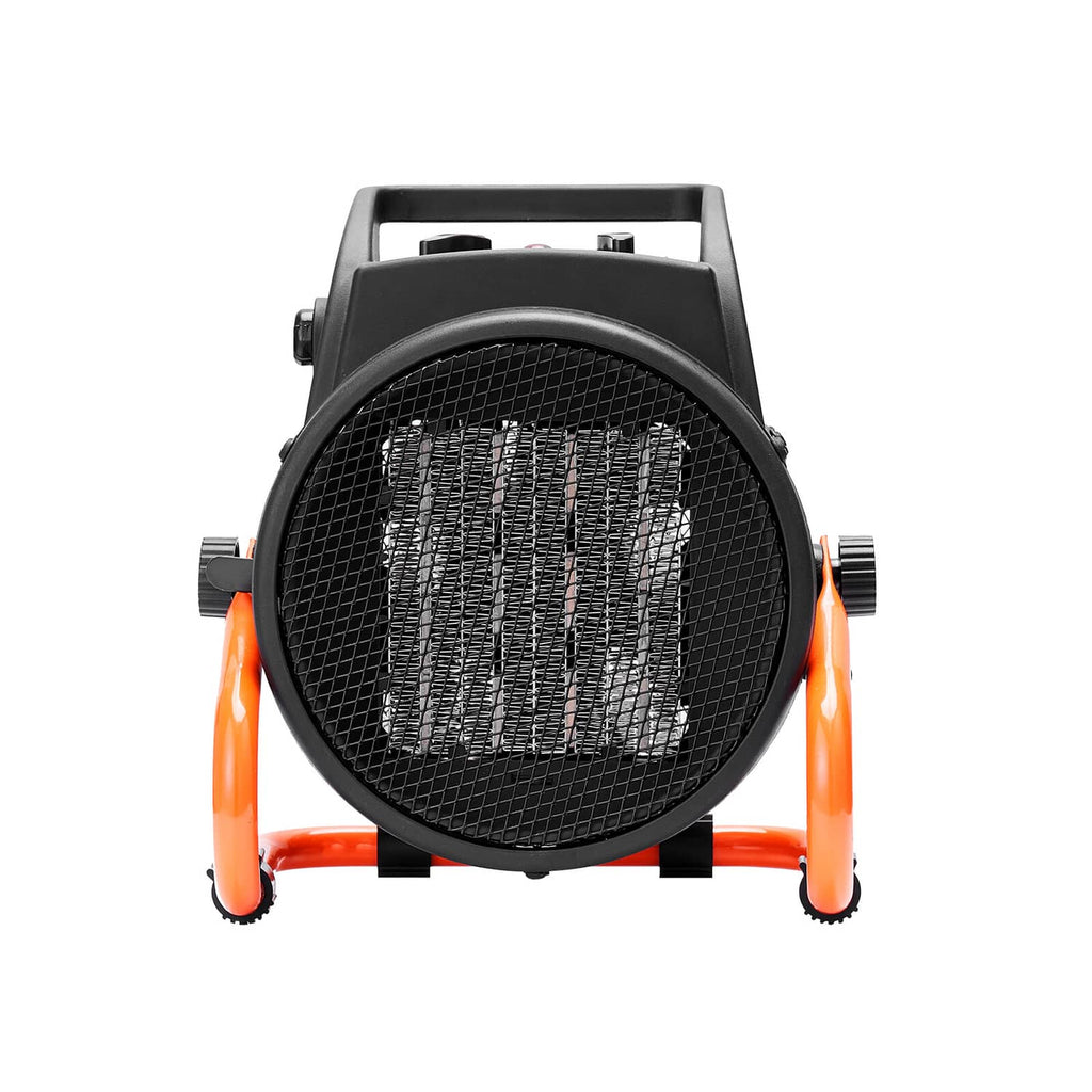 Front view of black VEVOR greenhouse heater with round mesh grille and orange feet