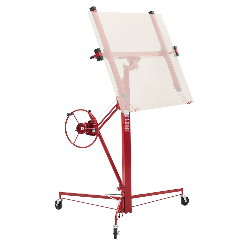 Red drywall lifter hoist holding a panel with winch wheel and caster base